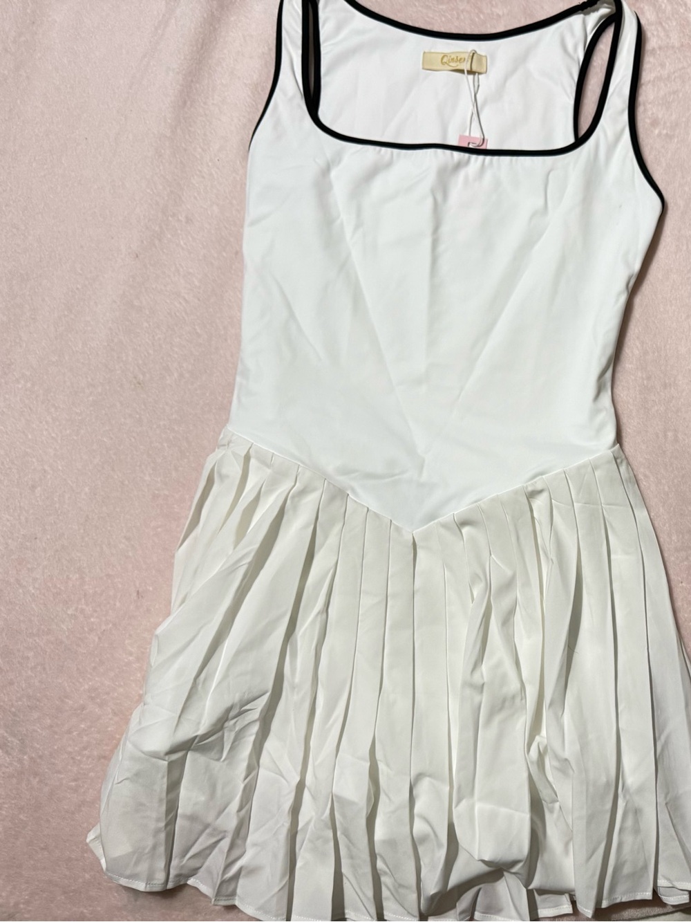 White Pleated Mini Dress with Black Trim